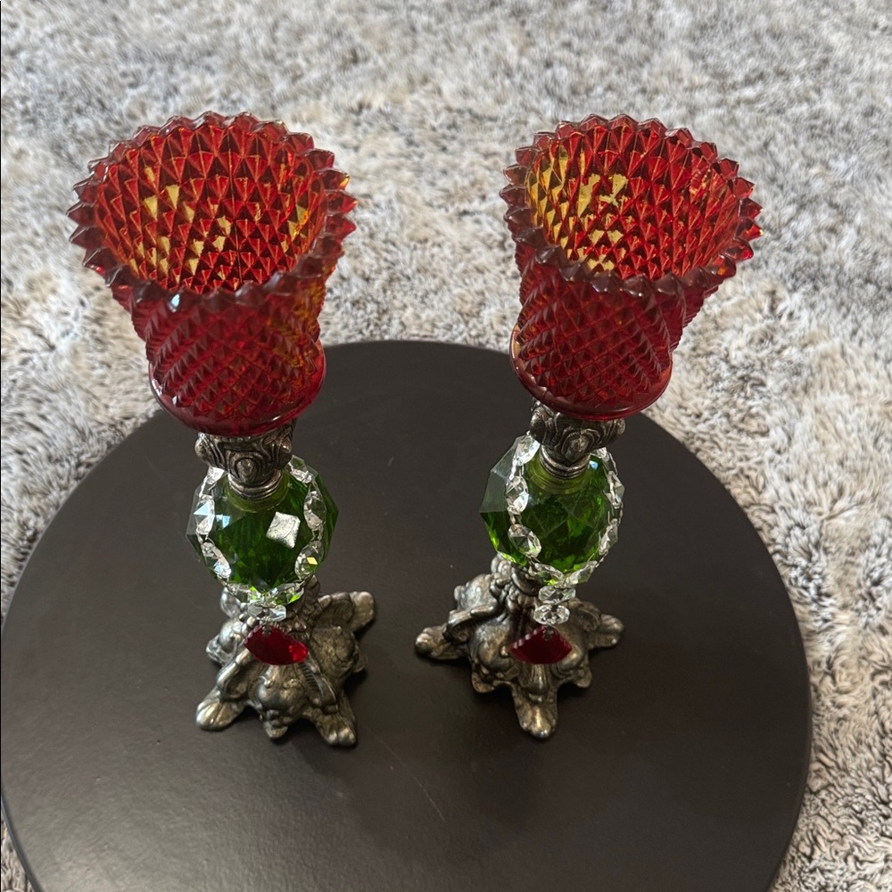 Hollywood‎ Regency Green Lucite 8" Candlestick Holders Candles Mid Century Pair - Picture 2 of 15